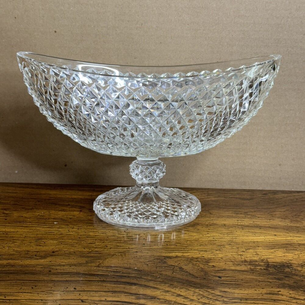 Antique EAPG Diamond Cut Glass‎ Boat Compote Centerpiece Bowl Crystal Clear